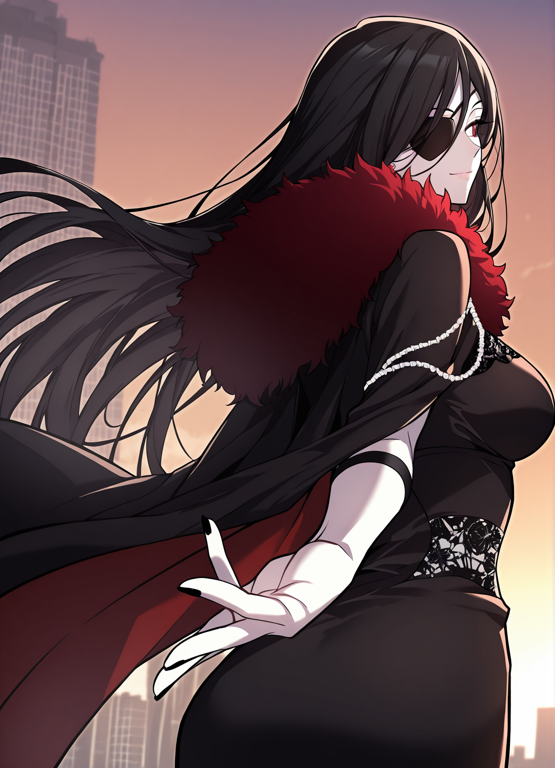 <lora:Hailey_Orga:1>
1 girl, solo, red eyes, black hair, long hair, hair between eyes, pale skin, large breasts
black dress, bridal gauntlets, cape, earrings, eyepatch, fur trim, black nails, black fingerless gloves, high heels, pantyhose, single glove
score_9, score_8_up, score_7_up, very aesthetic, source_anime, detailed, high quality, beautiful, masterpiece, detailed eyes, cityview, blurry background, pose dynamic angle, upper body, cowboy shot, light smile, looking back, reaching out, floating hair