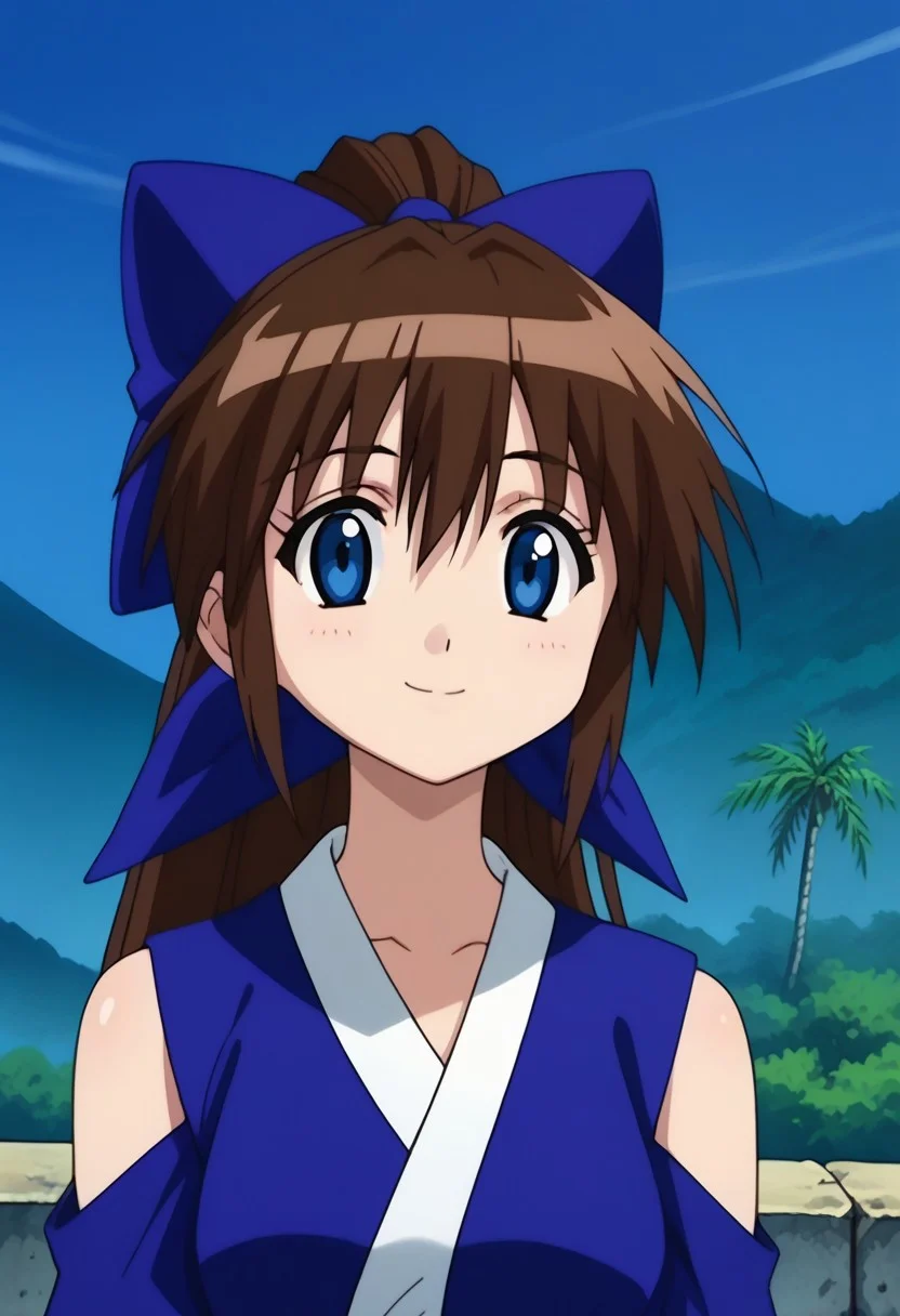 score_9, score_8_up, score_7_up, source_anime, highly detailed,
suzuaira, 1girl, solo, brown hair, long hair, ponytail, blue eyes, bow, hair bow, blue bow, japanese clothes, shirt, blue shirt, short sleeves, bare shoulders,
outdoor, island, palms, sky, upper boy, smile,