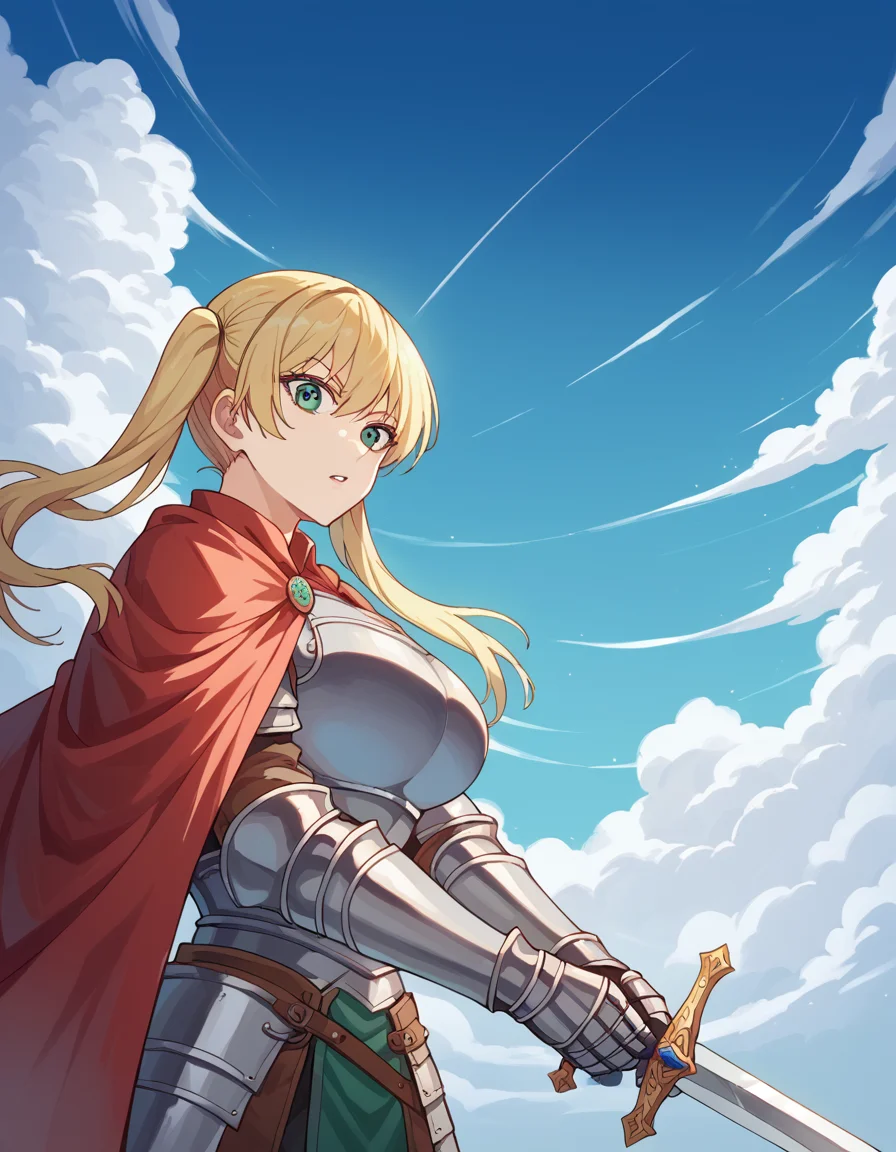 score_9, score_8_up, score_7_up, source_anime, <lora:rika-hoshizaki-s2-ponyxl-lora-nochekaiser:1>, rika hoshizaki, green eyes, blonde hair, twintails, large breasts,, <lora:knight-ponyxl-lora-nochekaiser:1>, knight, armor, cape, sword, weapon, holding weapon, shoulder armor, gauntlets, helmet, pauldrons, red cape,, blue sky, clouds, from below, parted lips, looking at viewer