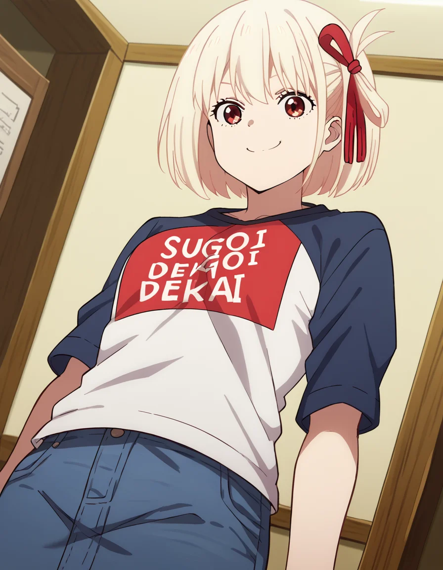 score_9, score_8_up, score_7_up, source_anime, chisatonishikigi, <lora:chisato-nishikigi-s1-ponyxl-lora-nochekaiser:1>, chisato nishikigi, short hair, bangs, blonde hair, red eyes, hair ribbon, one side up, bob cut,, <lora:sugoi-dekai-ponyxl-lora-nochekaiser:1>, sugoi dekai, clothes writing, raglan sleeves, t-shirt, denim, denim skirt,, indoors, smile, smug,, cowboy shot, dutch angle,