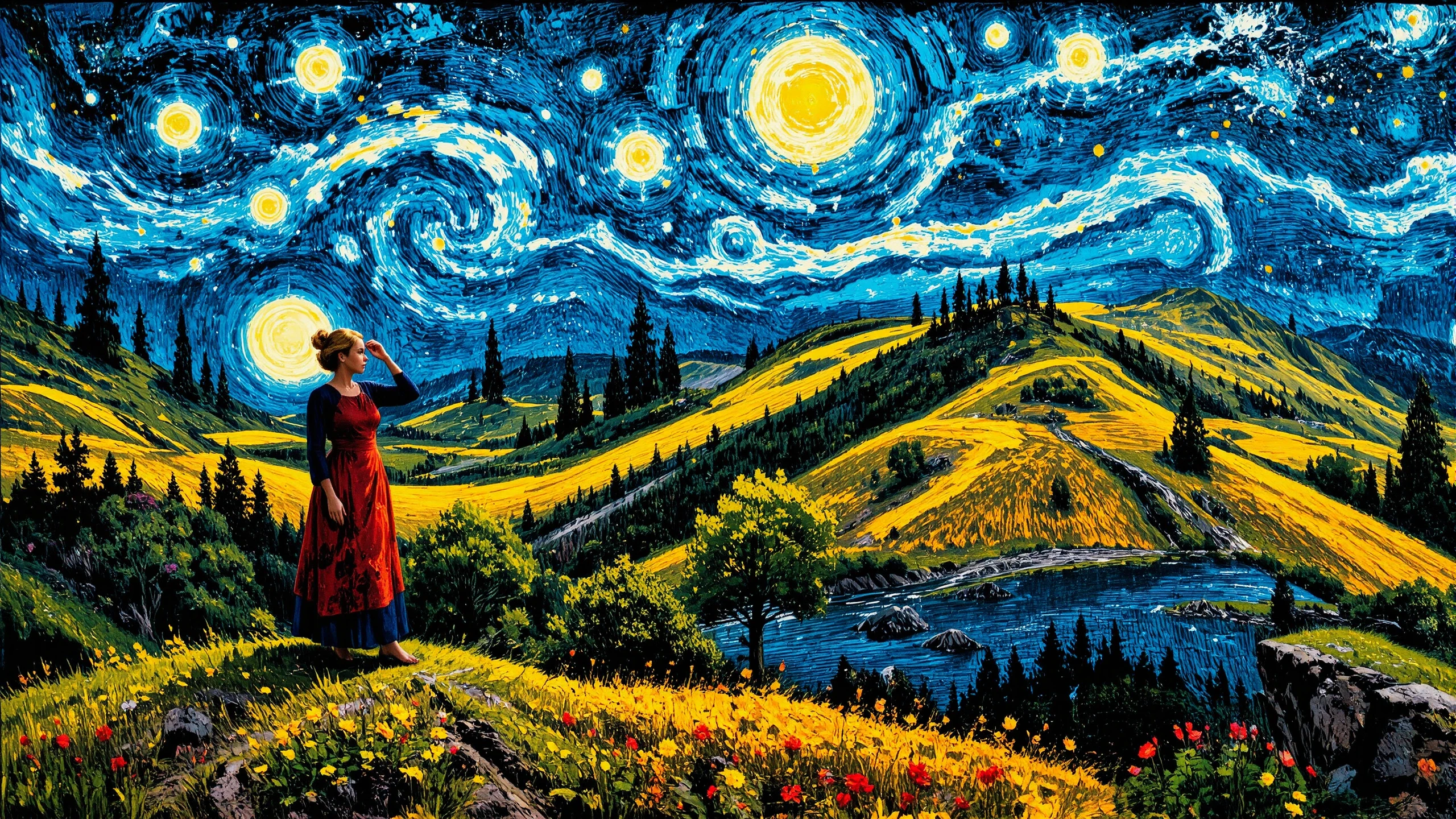 (cosmic) Burkinan beautiful landscape,  bright luminous starry night, woman, intricate, very detailed, sharp, colorful, multilayer paint, <lora:Hand v2:1> <lora:Anti-Blur:1> <lora:Flux.1_Turbo_Detailer:0.6> <lora:flux-photo-transparent_Alpha_1.0:0.8>  <lora:Painterly01b_CE_FLUX_AIT:0.8> pntrlyCE_style, <lora:VividlySurreal:0.8>