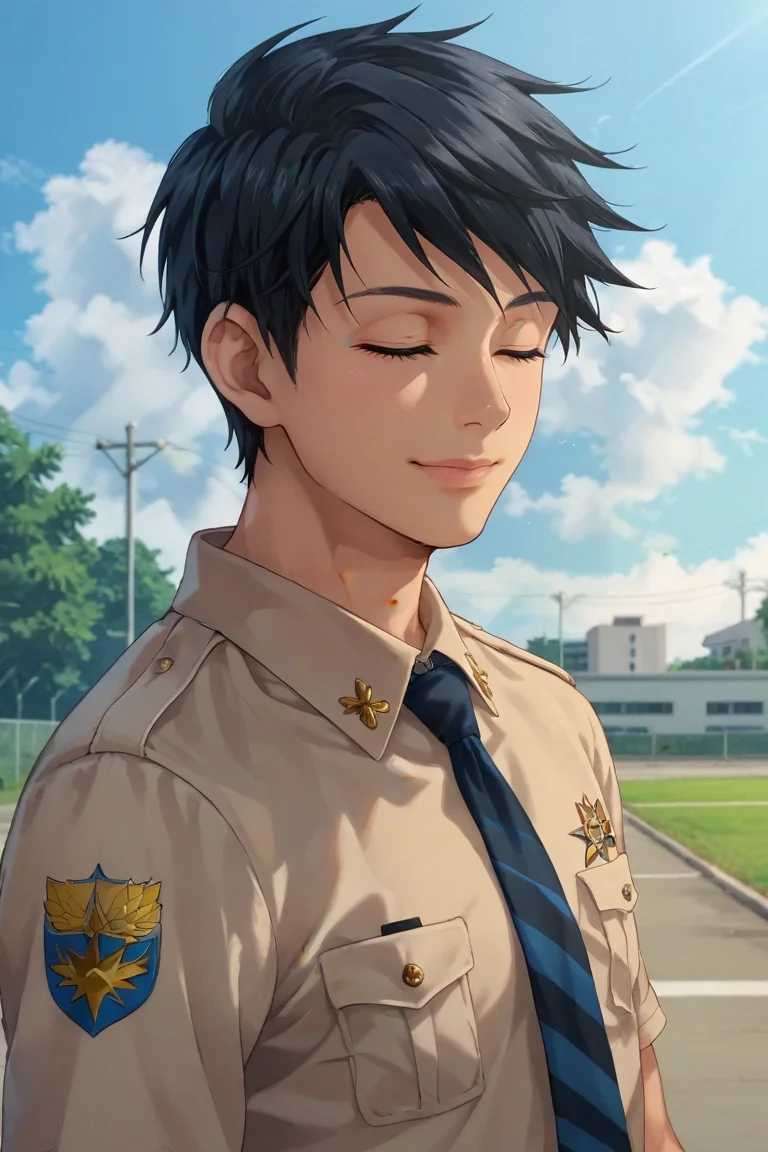 score_9, score_8_up, score_7_up, source_anime, rating_safe, intricate details, , looking at viewer, depth of field, 1boy, solo, male focus, <lora:natsumi_hamasaki_pony:0.92>, natsumi_hamasaki, black hair, blue eyes, short hair, uniform, profile, school, day, clouds, spread arms, (closed eyes:1.2), smile, , <lora:sdxl_lightning_8step_lora:1>