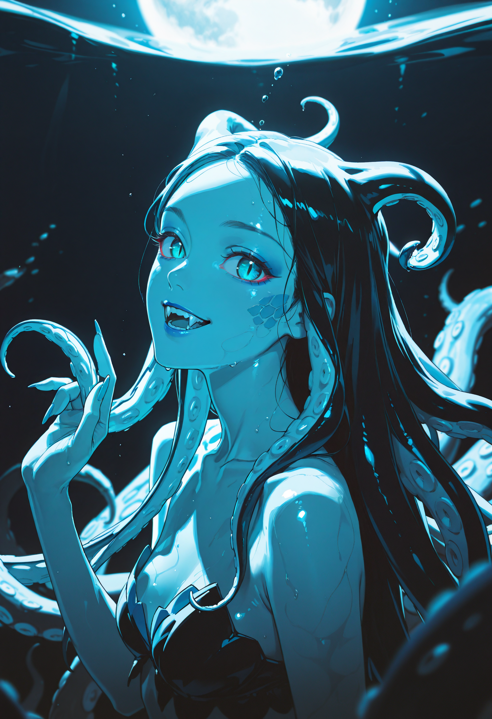 (high_quality, newest, incredibly_absurdres, very aesthetic, zbrush_\(artwork\), depth_of_field, grainy_texture, digital_painting_\(artwork\), vignetting, flat_colors, anime_coloring)
(MMC-Illu, dark_theme, underwater, shiny_skin, 1girl, solo, blue tentacle hair, looking at viewer, upper body, lips, monster girl, slit_pupils, smile, sharp_teeth, fangs, open_mouth, tentacles, makeup, blue lips, lipstick, collarbone, blue_skin, blue_scales, two_tone_scales, wet, wet_skin, long fingernails, aqua eyes, long hair, monochrome, tentacles, outdoors, from side, film grain, moon)