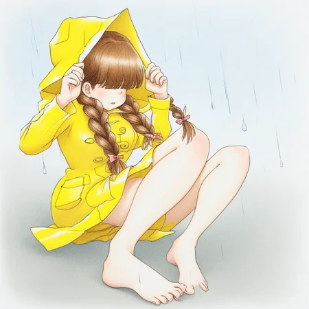 Young girl in a yellow raincoat, young Girl with braided hair, long brown hair, pale white skin, hair hiding face