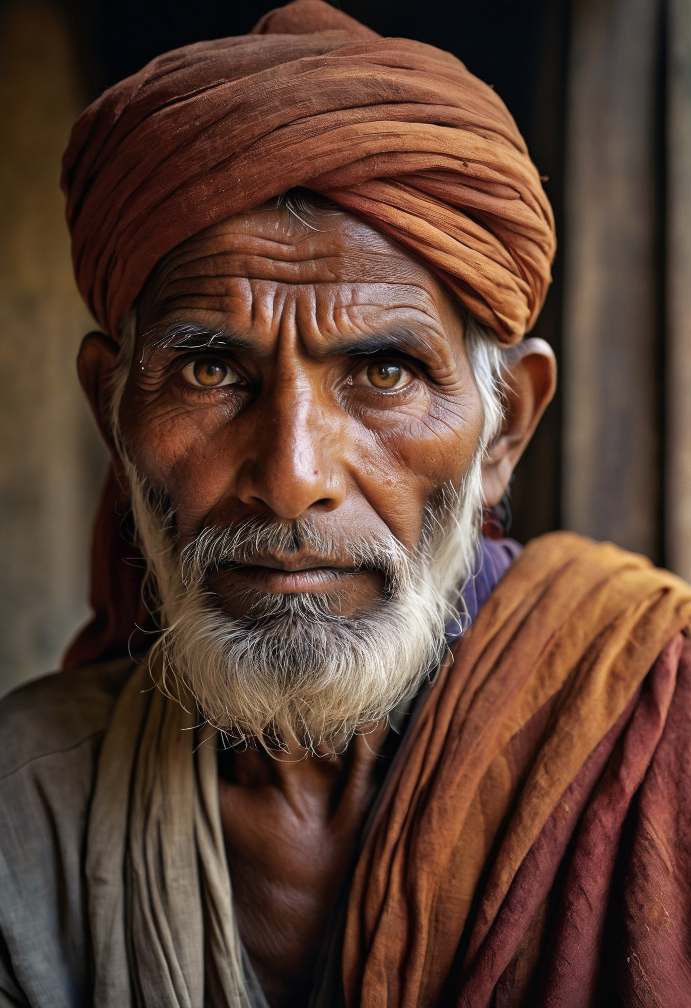 RAW Photography, portrait by Steve McCurry, an Indian mystic, ascetic, there is wisdom of the ages hidden in his eyes, detailed skin with visible pores, rich colors and emotional depth, shot on location in natural light, 8k, hdr, masterpiece, award winning composition