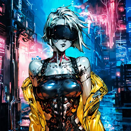 nahiri, short tomboy hair, clear raincoat, cyberpunk, wearing a vr headset, shiny skin, outside in a cyberpunk dystopian city at night in the poruing rain, illuminated by neon lights <lora:masamune shirow_pony:1> solo, 1girl, cyborg, <lora:NAHIRI:1>, 1girl, solo, short hair, breasts, bare shoulders, white hair, colored skin, white skin steamy body, embracing the moment,, source_anime, score_9_up, score_7_up, score_8_up