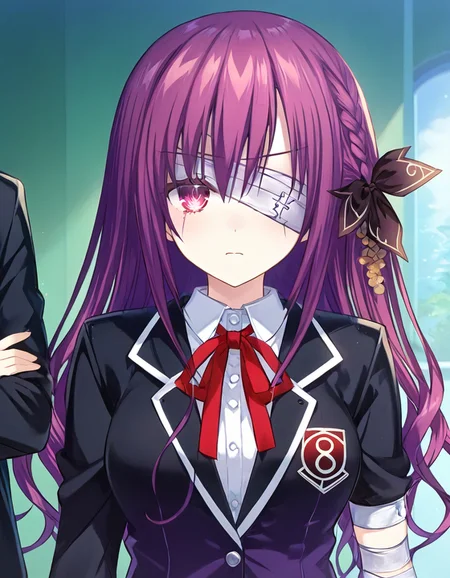 Ren, girl, purple hair, long hair, blindfold on one eye, scars, purple eyes, hair in the middle of the eyes, uniform clothing, standing, close-up, emotionless, braid, medium chest, blindfold arm, hair ornament, classroom,