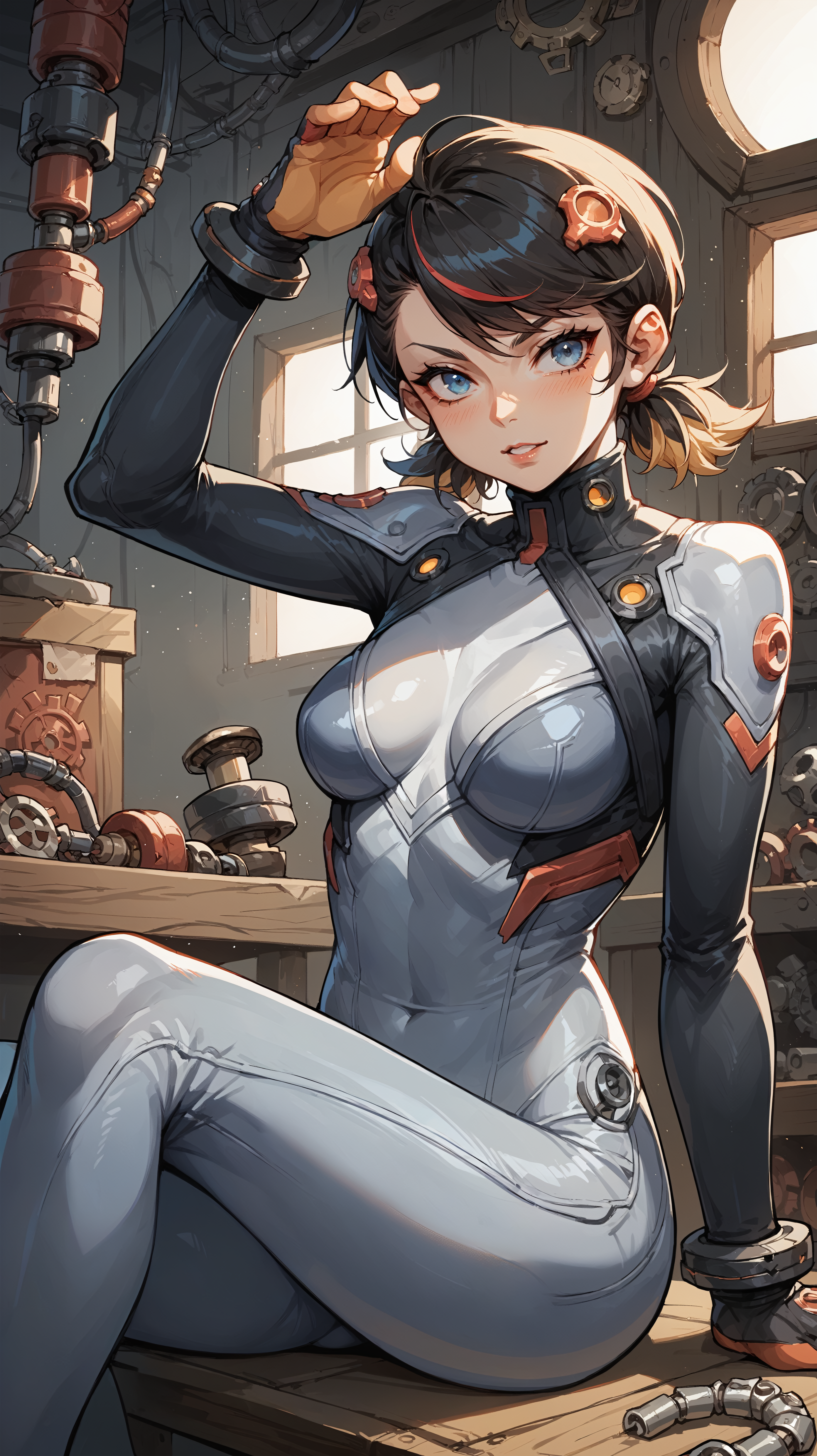 score_9,score_8_up,score_7_up,score_6_up, <lora:xl_more_art-full_v1:0.5>, source_anime, girl, dynamic pose, shushing, <lora:Peni Parker - Pony-000004:0.8>, black hair, short twintails, multicolored hair, streaked hair, blue eyes, grey bodysuit, multicolored bodysuit, black and white bodysuit, sitting, mechanical parts, wires, tubes, cluttered background, scrap, gears, interior,