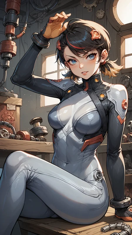 score_9,score_8_up,score_7_up,score_6_up, <lora:xl_more_art-full_v1:0.5>, source_anime, girl, dynamic pose, shushing, <lora:Peni Parker - Pony-000004:0.8>, black hair, short twintails, multicolored hair, streaked hair, blue eyes, grey bodysuit, multicolored bodysuit, black and white bodysuit, sitting, mechanical parts, wires, tubes, cluttered background, scrap, gears, interior,