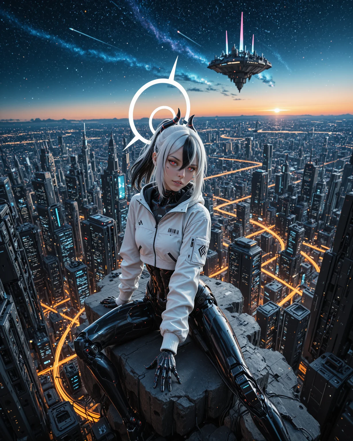 masterpiece, best quality, good quality, very aesthetic, absurdres, newest, 8K, film grain, photorealistic, neon glow, (floating island:0.9), starry sky, angular, sleek, scenery, futuristic, science fiction, cyberpunk, aidmaFLuxPro1.1, aidmaImageUpgrader BREAK young 1girl, [(kayoko_\(blue_archive\):0.99):(kayoko_\(blue_archive\):0.6):0.5], cyborg, robot girl, mechanical body, open cropped jacket, white jacket, parted lips, (light smile:0.7), white halo, head tilt, (sitting:0.4), (dynamic pose:1.0), barcode tattoo, streaked hair, white hair, black ponytail, (horns:0.9), hair between eyes, red eyes, white pupils, glamour <lora:aidmaFLuxPro1.1-IL-v0.3:0.3> <lora:- iLL - the_edgy_mech_V3.0:0.4> <lora:aidmaImageUpgrader-v0.3-IL:0.3> <lora:aidmaMJ6.1_v0.5_IL:0.15> <lora:Mechanism-Illustious:0.2> <lora:RealisticIL-000001:0.1>