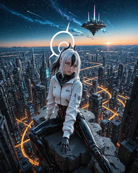 masterpiece, best quality, good quality, very aesthetic, absurdres, newest, 8K, film grain, photorealistic, neon glow, (floating island:0.9), starry sky, angular, sleek, scenery, futuristic, science fiction, cyberpunk, aidmaFLuxPro1.1, aidmaImageUpgrader BREAK young 1girl, [(kayoko_\(blue_archive\):0.99):(kayoko_\(blue_archive\):0.6):0.5], cyborg, robot girl, mechanical body, open cropped jacket, white jacket, parted lips, (light smile:0.7), white halo, head tilt, (sitting:0.4), (dynamic pose:1.0), barcode tattoo, streaked hair, white hair, black ponytail, (horns:0.9), hair between eyes, red eyes, white pupils, glamour <lora:aidmaFLuxPro1.1-IL-v0.3:0.3> <lora:- iLL - the_edgy_mech_V3.0:0.4> <lora:aidmaImageUpgrader-v0.3-IL:0.3> <lora:aidmaMJ6.1_v0.5_IL:0.15> <lora:Mechanism-Illustious:0.2> <lora:RealisticIL-000001:0.1>