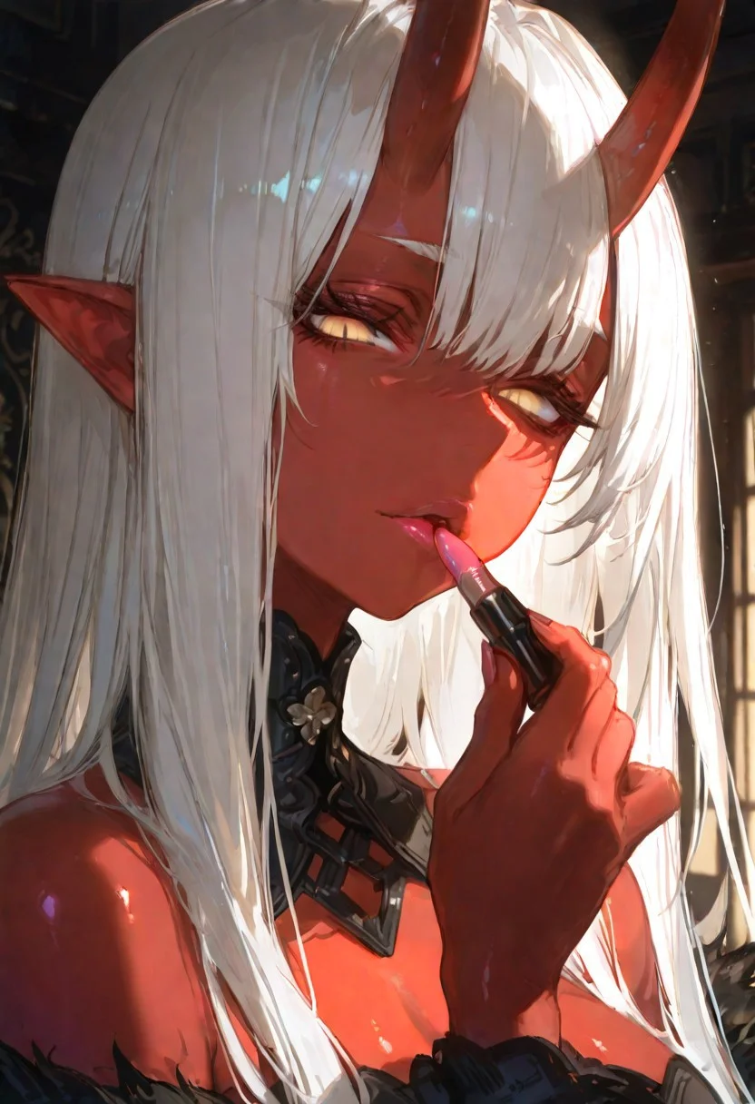 masterpiece, best quality, good quality, newest, highres, absurdres, volumetric lighting,gradient color,
BREAK
raytracing, volumetric lighting, ambient occlusion, girl, luminescent background, masterpiece, best quality, very awa, absurdres,
BREAK
Aka-Oni, oni, colored skin, (red skin:1.3), straight horns, solo, long hair, model style,
evil eyes, evil, bullying, sinister,
BREAK
masterpiece,amazing quality,best quality,ultra-detailed,8K,illustration,CG,shiny hair,clear skin,ultra-detailed-eyes, background,cute girl, eyelashes
BREAK,
applying lipstick, holding lipstick tube, glossy lips, sexy lips, front view, looking at viewer,