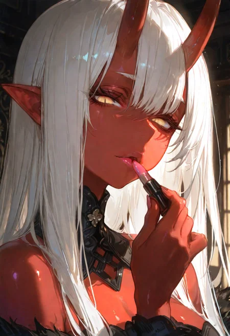 masterpiece, best quality, good quality, newest, highres, absurdres, volumetric lighting,gradient color,
BREAK
raytracing, volumetric lighting, ambient occlusion, girl, luminescent background, masterpiece, best quality, very awa, absurdres,
BREAK
Aka-Oni, oni, colored skin, (red skin:1.3), straight horns, solo, long hair, model style,
evil eyes, evil, bullying, sinister,
BREAK
masterpiece,amazing quality,best quality,ultra-detailed,8K,illustration,CG,shiny hair,clear skin,ultra-detailed-eyes, background,cute girl, eyelashes
BREAK,
applying lipstick, holding lipstick tube, glossy lips, sexy lips, front view, looking at viewer,