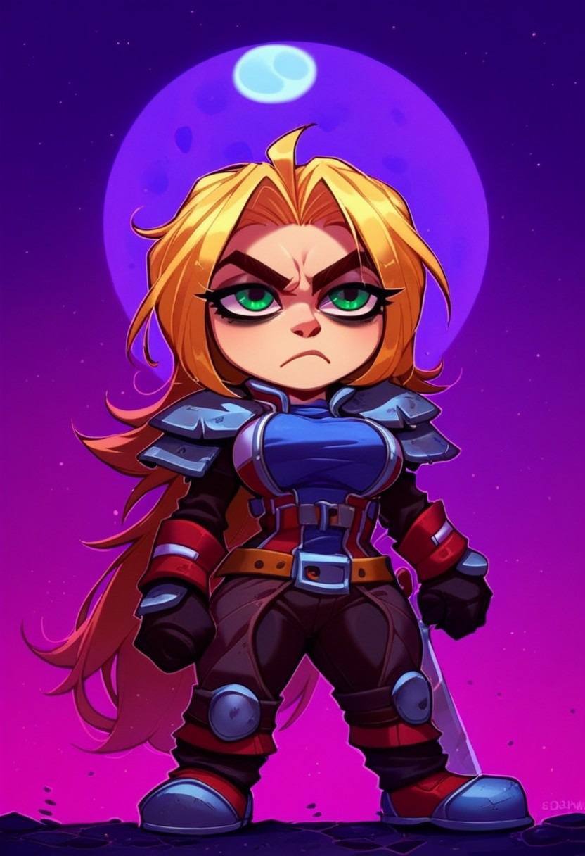 [score_9, score_8_up, score_7_up, <lora:Smooth Anime Style LoRA XL:1>, anime style, dark fantasy, 1girl gnome, short stature, big eyes, big ears, green eyes, long blonde hair, (shortstack:1.3), (medium breasts:1.1), round breasts, wearing armor,wearing hat, shoulder armor,skull emblem on shoulder,  (gloomy empty streets, dark forests, moon in the sky:1.6), Cold and angry, seductive gaze, fighting posture, (She holds a two-handed sword in her hands:1.9), bedroom eyes, solo, <lora:OtherStyle_03:1> <lora:Round_Breasts_XL_XV7:0.8>