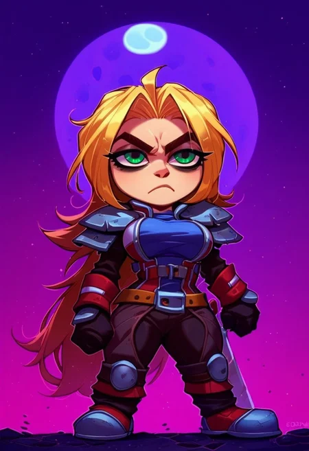 [score_9, score_8_up, score_7_up, <lora:Smooth Anime Style LoRA XL:1>, anime style, dark fantasy, 1girl gnome, short stature, big eyes, big ears, green eyes, long blonde hair, (shortstack:1.3), (medium breasts:1.1), round breasts, wearing armor,wearing hat, shoulder armor,skull emblem on shoulder,  (gloomy empty streets, dark forests, moon in the sky:1.6), Cold and angry, seductive gaze, fighting posture, (She holds a two-handed sword in her hands:1.9), bedroom eyes, solo, <lora:OtherStyle_03:1> <lora:Round_Breasts_XL_XV7:0.8>