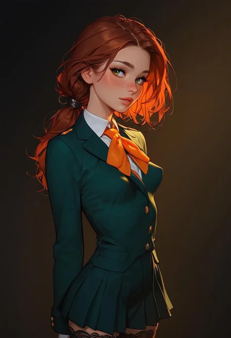 score_9, score_8_up, score_7_up, score_6_up, score_5_up, score_4_up, Expressiveh, 18 year old girl, (((cute innocent girl))), ((petite)), slender body, skinny girl with small breasts, ((covered breasts)), perky breasts, (breasts apart:0.5), ((freckles)), ((perfect lips)), slim legs, medium AUBURN hair, messy hair, (low ponytail), blushing, flawless skin, tan skin,
posing, standing outside school, looking at viewer, embarrassed expression, lips parted:1.5, legs together, looking nervous, wearing school uniform, deep green blazer over white button-up shirt, ((orange tie)), long sleeves, green and orange pleated skirt, white lace stockings, fully clothed,
daylight scene, outdoor background, parking lot, professional lighting,