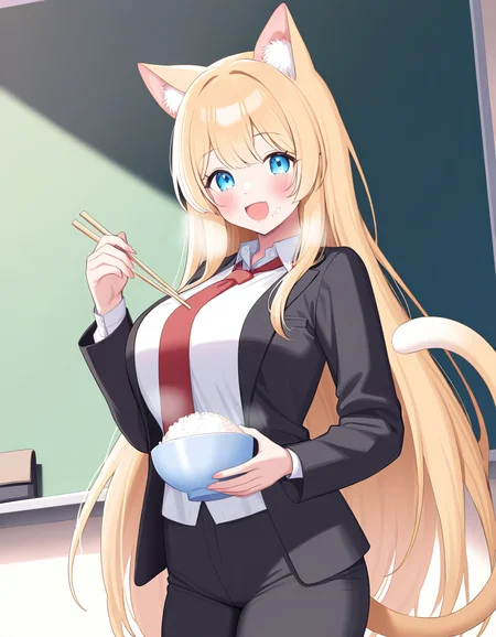 1girl,
solo, looking at viewer, cowboy shot, necktie, rice, shirt, breasts, animal ears, :d, holding, food, blue eyes, red necktie, black jacket, food on face, cat tail, wing collar, jacket, smile, long hair, indoors, open mouth, white shirt, pants, tail, black pants, large breasts, cat ears, cat girl, rice on face, blush, chalkboard, chopsticks, very long hair, meme, holding chopsticks, collared shirt,
masterpiece, best quality, very aesthetic, newest, absurdres, incredibly absurdres
<lora:lunchcustom-000028:1>