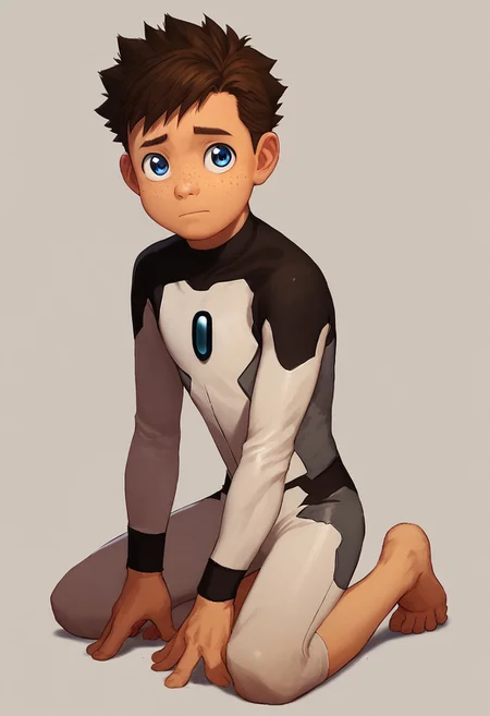 score_9, score_8_up, score_7_up,1boy, solo, cute boy, Koji, Blue Eyes, Brown Hair, Freckles, Bodysuit, Barefoot, PONYXL_AlexRoss_ComicArt_ownwaifu
