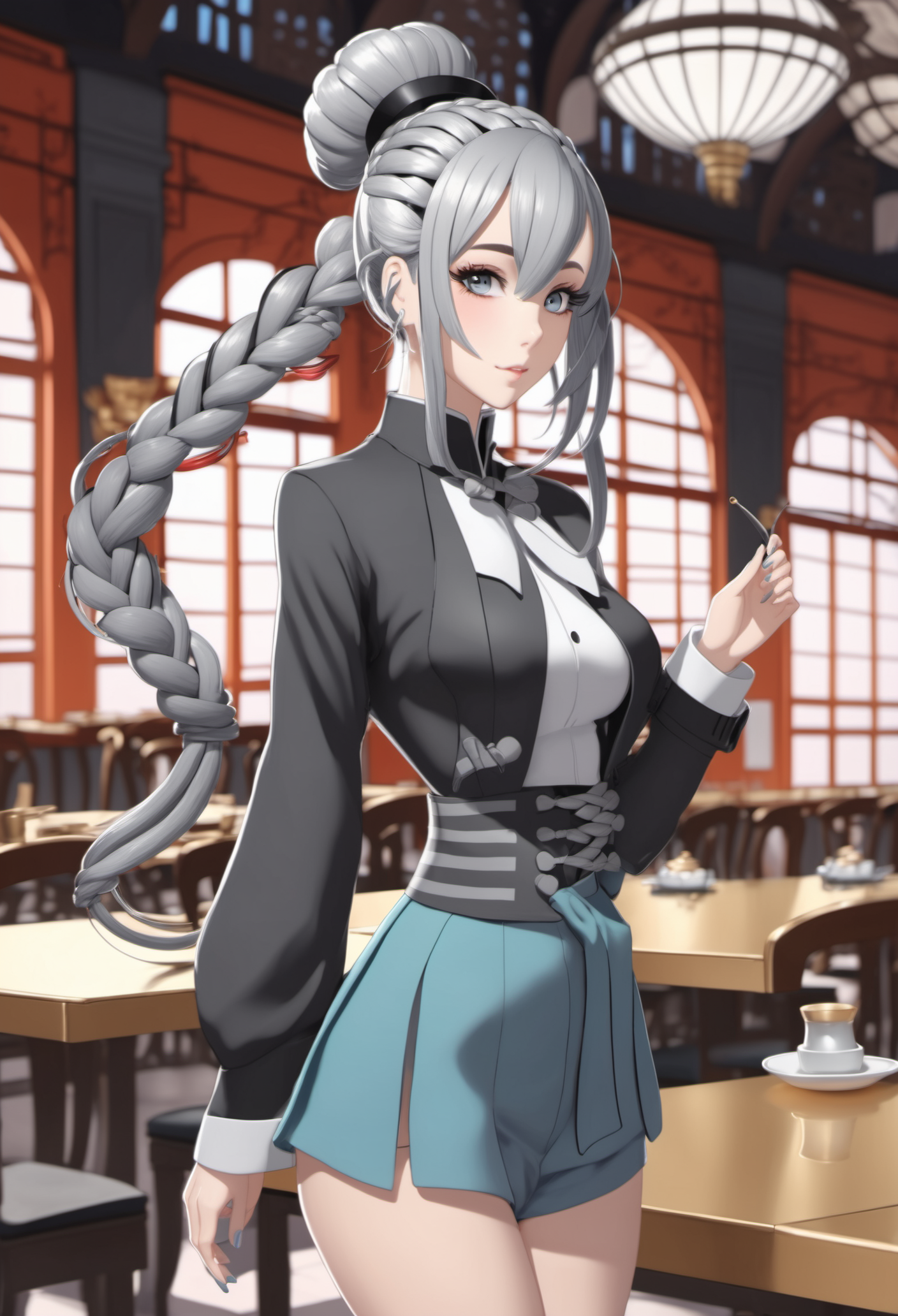 1girl, anime, beautiful girl with slate gray hair, Tri-Braided Bun,antenna hair, in a  dining hall, hourglass figure, facing viewer<lora:envy_xl_test_5:0.75>