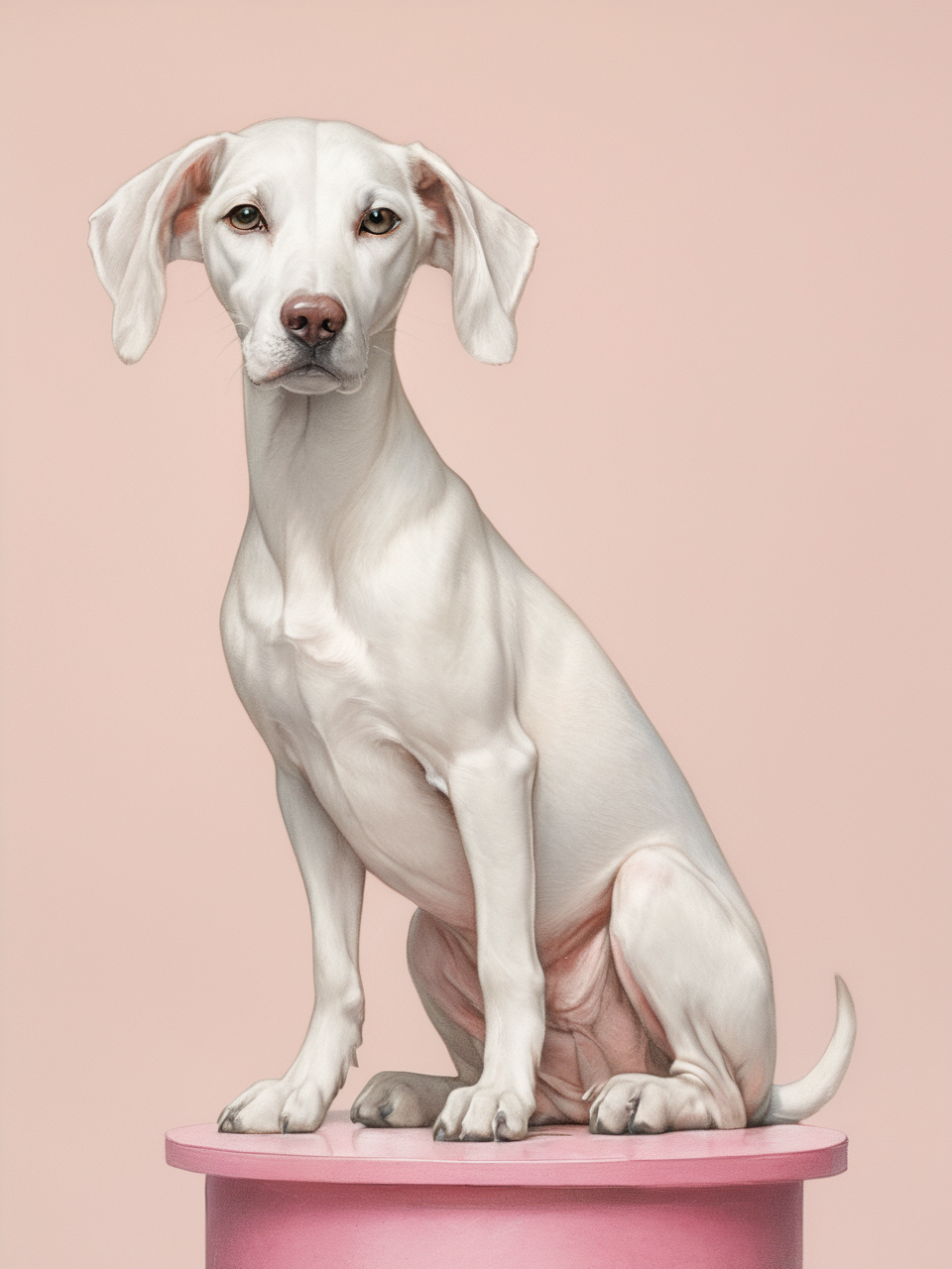 A slender, white dog with long ears and expressive eyes sits gracefully on a pink cylindrical pedestal. Its short coat is smooth and clean, and it exudes a sense of calm and attentiveness. The dog's ears hang down, framing its face and enhancing its gentle expression. The background is a plain, soft beige, highlighting the dog's elegant and delicate features,
ddpapa,<lora:Detail_Adamov_V1:0.7>,, masterpiece, best quality,