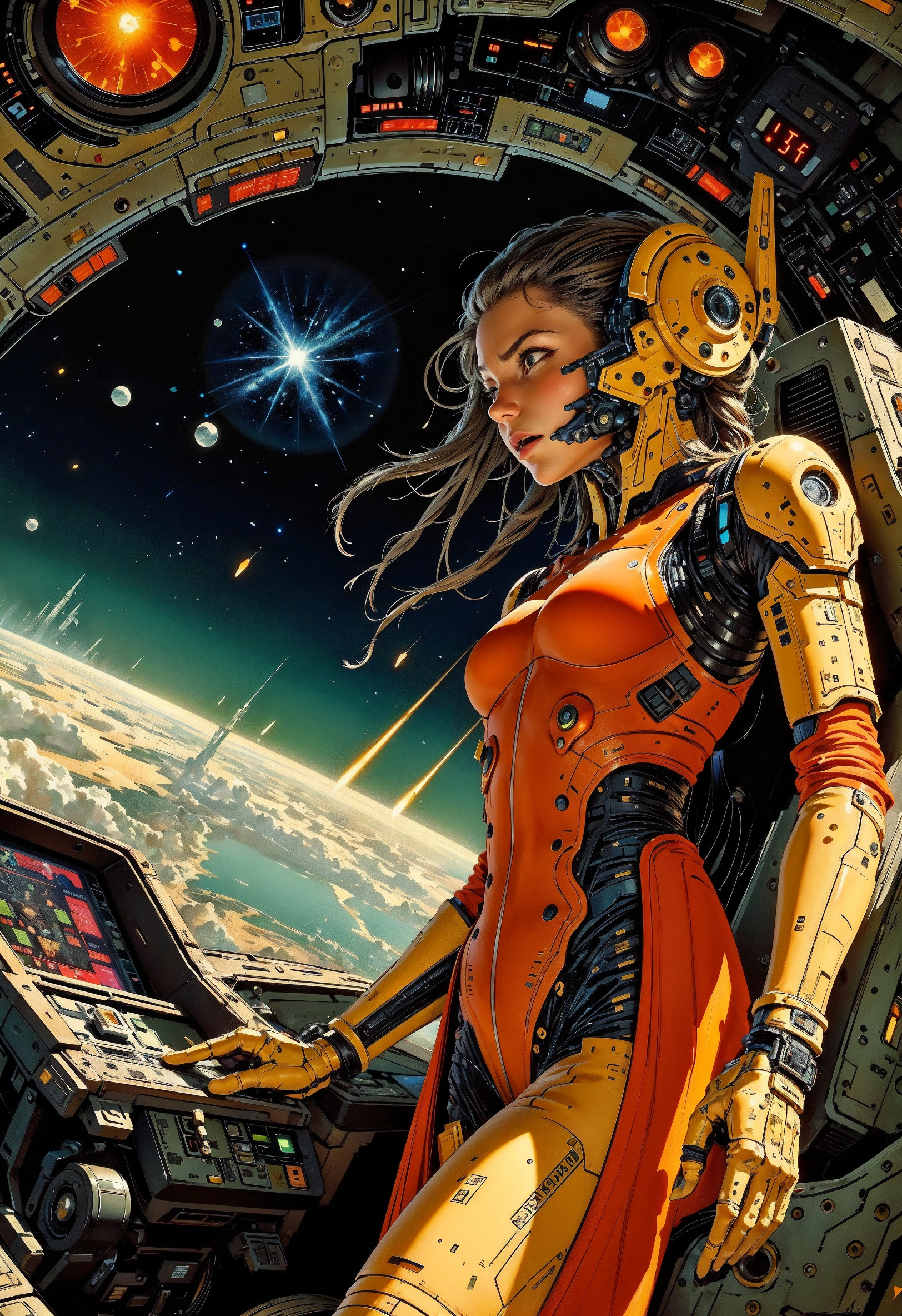 (in Don Bluth style:1.4), high-quality, masterpiece, Cyborg pilot gripping the controls of a damaged spacecraft, sparks flying from the dashboard as alarms blare, Her face is tense focused on survival, POV shot, set in the cockpit of a futuristic fighter, stars streaking past the windows, Her mechanical arm twitches with each command, (elaborately detailed attire with extraordinary elements:1.1), (hyperdetailed:1.1), (intricate details:1.0), (Refined details:1.1), (best quality:1.1), (high resolution:1.2)