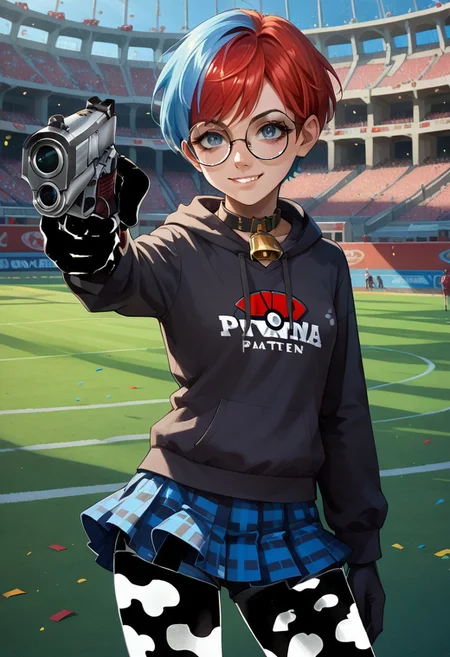 score_9, score_8_up, score_7_up, source_anime, cowboy shot, holding weapon, handgun, holding gun, aiming at viewer, revolver, finger on trigger,
1woman, solo, pennypokemon, short hair, multicolored hair, two-tone hair, red hair, blue hair, bangs, grey eyes, glasses, round eyewear, hoodie, cowbell collar, ((invcop pattern, elbow gloves)) skirt, shorts under skirt, shorts, ((invcop pattern, leggings)), evil smirk,
arena, coliseum, sports field, confetti