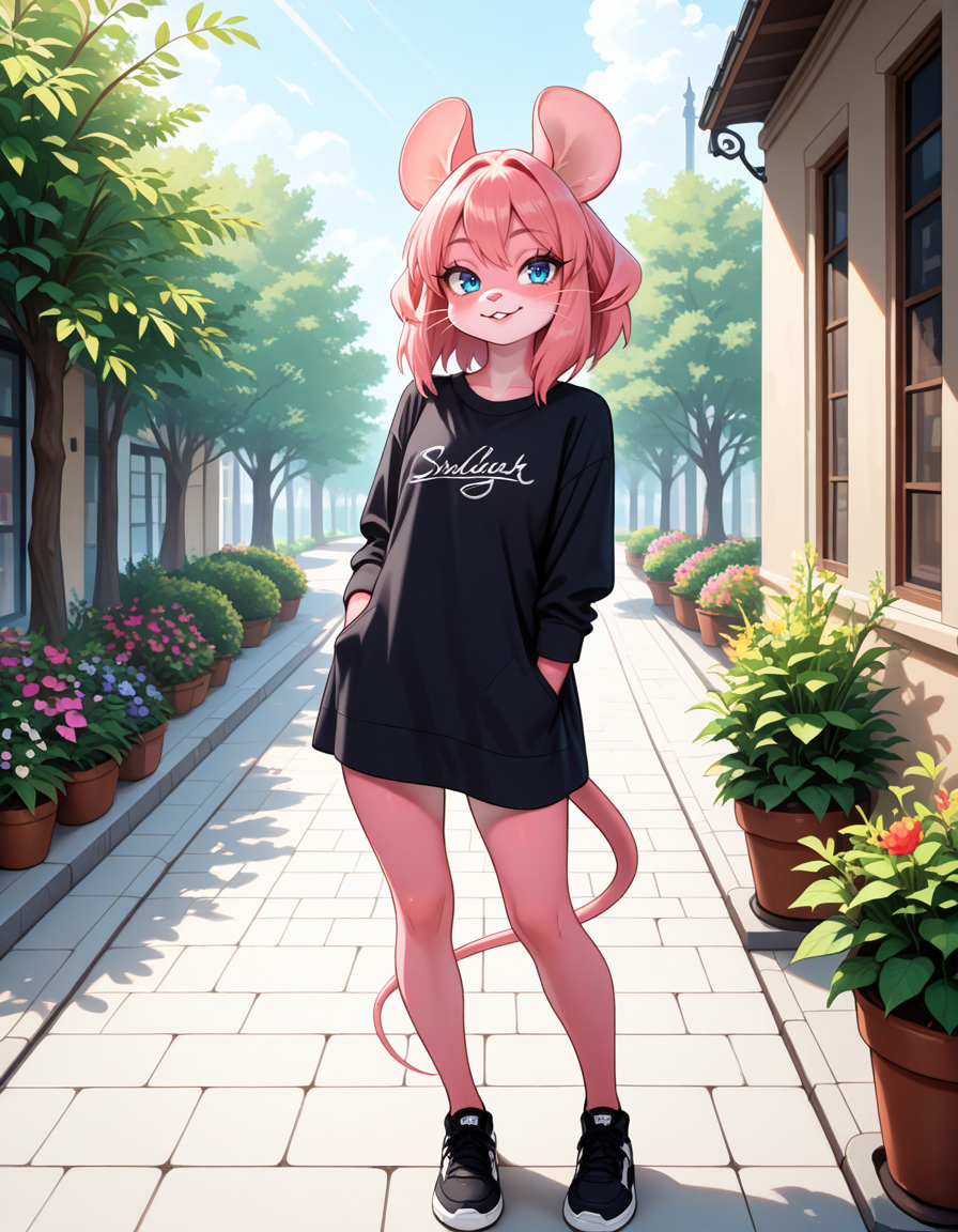 masterpiece, best quality, very aesthetic, absurdres,
outdoors, casual, 
full body, standing, posing, 
 seductive smile, parted lips, long eyelashes,
 <lora:Mouse_Girl_v01_NAIXL:1>
M0sgr1,1girl,solo,furry,furry female,mouse girl,mouse ears,pink hair,short hair,blue eyes,snout,animal nose,whiskers,buck teeth,body fur,pink fur,mouse tail,