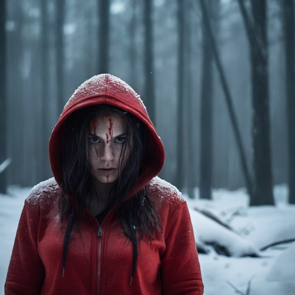 Dark Fantasy Art of cinematic film still of  <lora:Cinematic Hollywood Film:1.5>
Epic Creative Scene a wounded woman with a red hoodie and a monster face and red scar marks in snow jungle Cinematic Hollywood Film Style, dark, moody, dark fantasy style