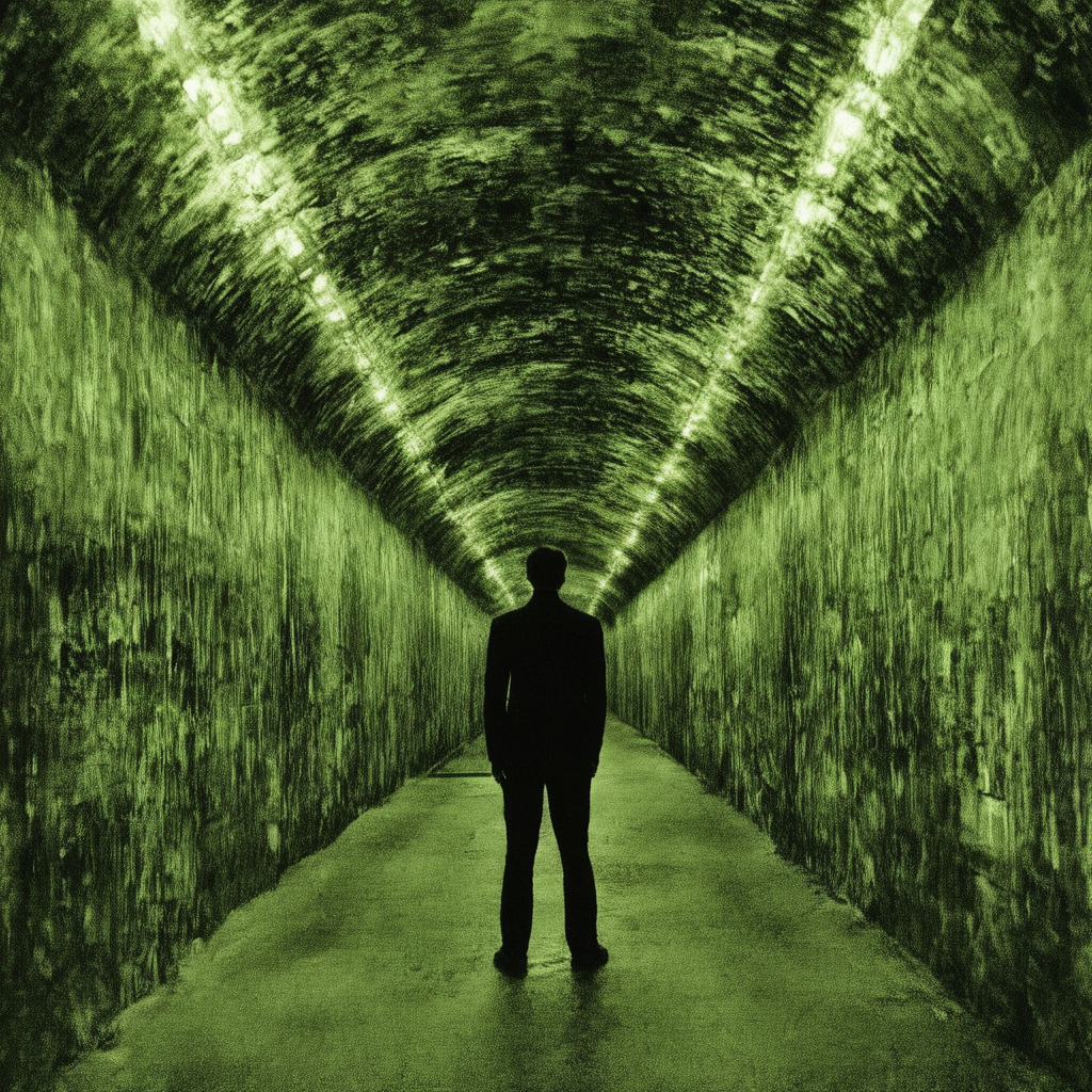 <lora:SDXL_matrix_Sa_May-V6:1> matrix a man at the tunel