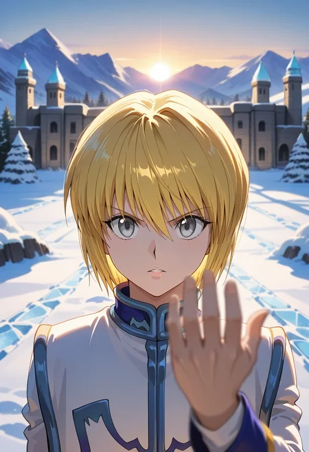 masterpiece, best quality, , , , depth of field, 1boy, solo, male focus, <lora:kurapika_hxh_ilxl:0.9>, kurapika_hxh, blonde hair, grey eyes, short hair, bangs, hair between eyes, , mountain palace, stone towers, snow courts, ice gardens, royal pose, commanding expression, sunrise,