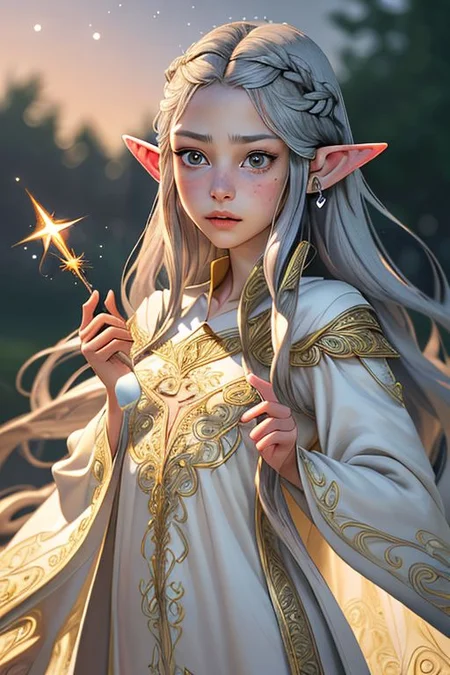Portrait of a beautiful queen, 18yo, casting a spell, (small natural pointed ears:1.4), very long braided golden hair with silver highlights, lips slightly parted, large light grey eyes, melancholy, medium breasts, (finely embroidered gossamer tunic and robe with stars design), random pose, outdoors, star filled sky, golden hour, professional hyperrealist art by Chuck Close, sharp focus, dramatic, award winning, dtx, (depth of field blurry background, blurry foreground, bokeh, (masterpiece), (extremely intricate:1.3), (hyperrealistic), HD