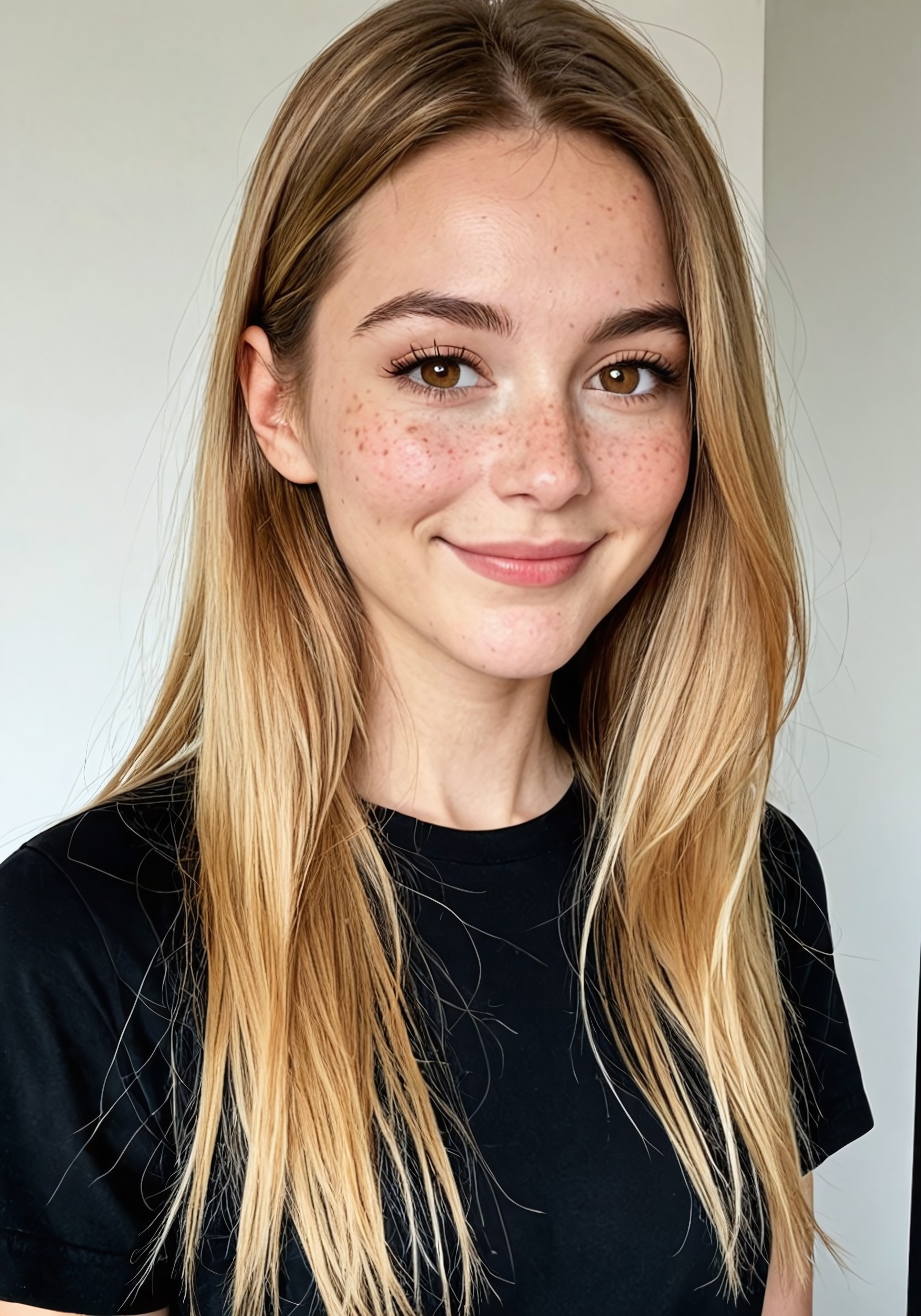 masterpiece, ultra-HD, bright sunlight, photorealistic, portrait, scene is a woman standing in a photography studio, well lit, standing in front of a white screen, BREAK, 1woman, age 24, slender, solo, cute, feminine young woman, naturally beautiful, tall, oval shaped face, [round eyes], hazel eyes, perfect eyes, black pupils, beautiful eyes, [[full eyebrows]], natural hair colouring, caramel blonde hair, long hair, straight hair, round cheeks, blushing cheeks, (long nose), [[wide nose]], [freckles], ((full lips)), large mouth, round chin, small breasts, slim waist, ((broad hips)), smiling, (wearing a snug plain black t-shirt), photography