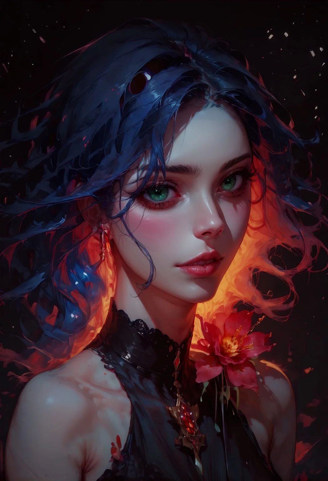 score_9, score_8_up, score_7_up, 1girl, realistic, long hair, wind, galaxy, solo, black dress, floral theme, from front, facing viewer, milky way, (red glow, red hue, red glowing flowers) <lora:sdxl\Concept Art Twilight Style SDXL_LoRA_Pony Diffusion V6 XL:0.8>, concept art, <lora:sdxl\Expressive_H-000001:0.8>, expressiveH <lora:sdxl\pony_vixon_galaxy:0.7>, g4l4xy <lora:sdxl\sinfully_stylish_SDXL> <lora:sdxl\pony_vixon_red_glow:0.4>, r3dgl0w