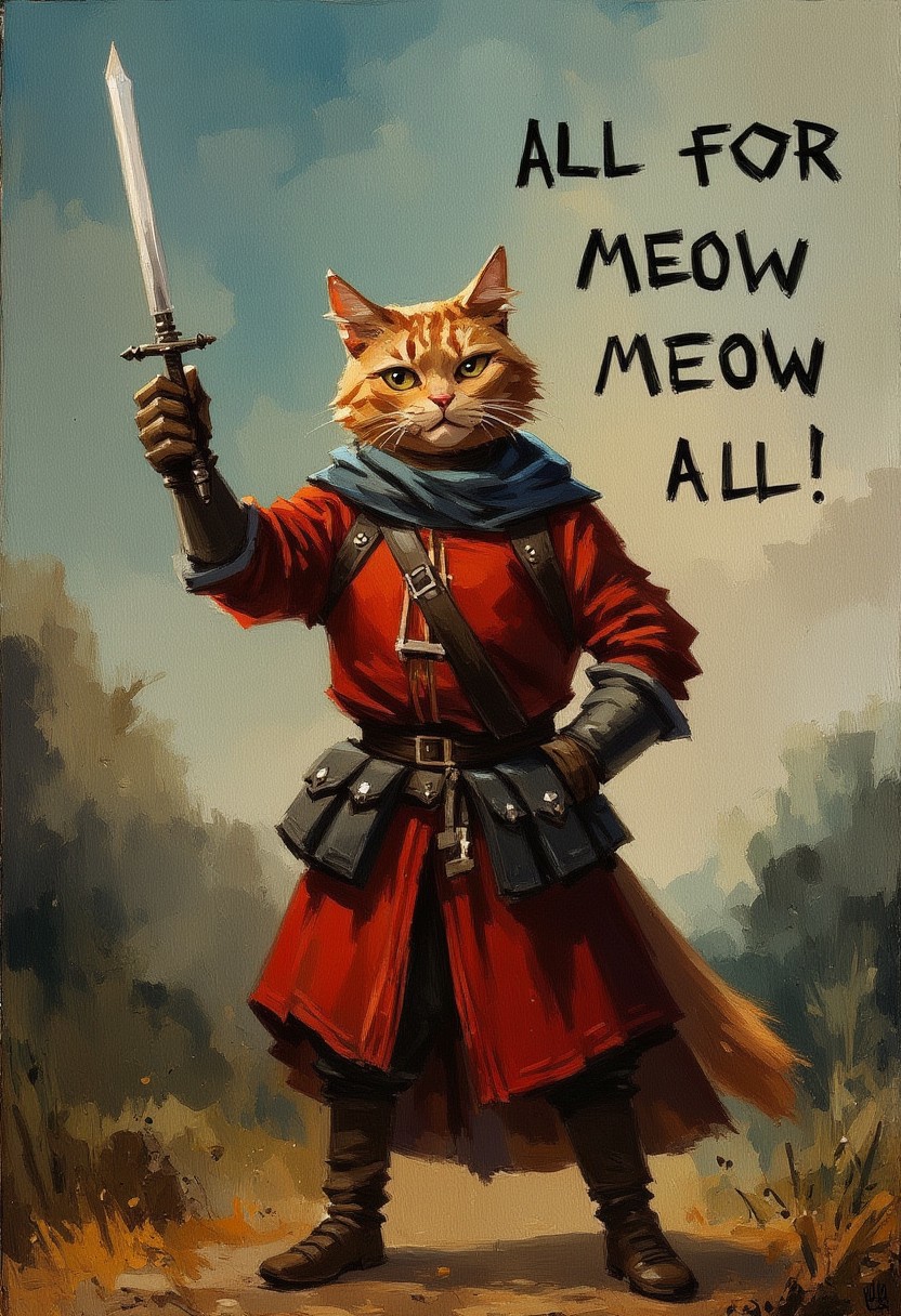 oil painting of a cat wearing a musketeer outfit and hold a rapier sword raised to the sky. Text on screen in medievil looking font "All for meow and meow for all!"