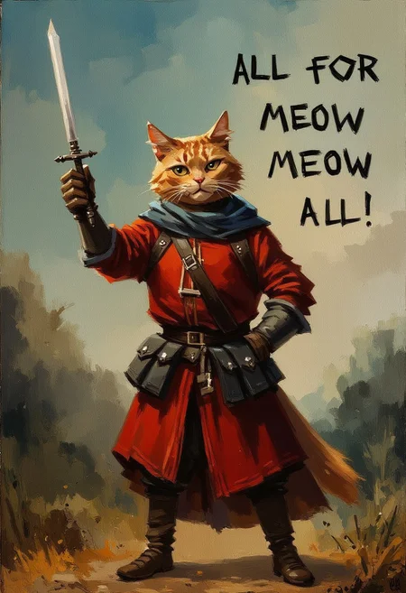 oil painting of a cat wearing a musketeer outfit and hold a rapier sword raised to the sky. Text on screen in medievil looking font "All for meow and meow for all!"