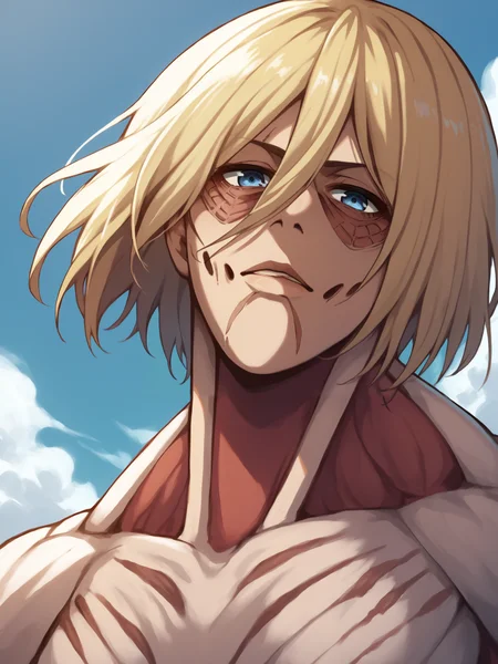 score_9, score_8_up, score_7_up, score_6_up, score_5_up, score_4_up, BREAK, source_cartoon, source_anime,
1girl, female titan, blonde hair, short hair, blue eyes, giantess, muscular, scar,
upper body, looking at viewer, solo, simple background <lora:FemaleTitanXL:1>