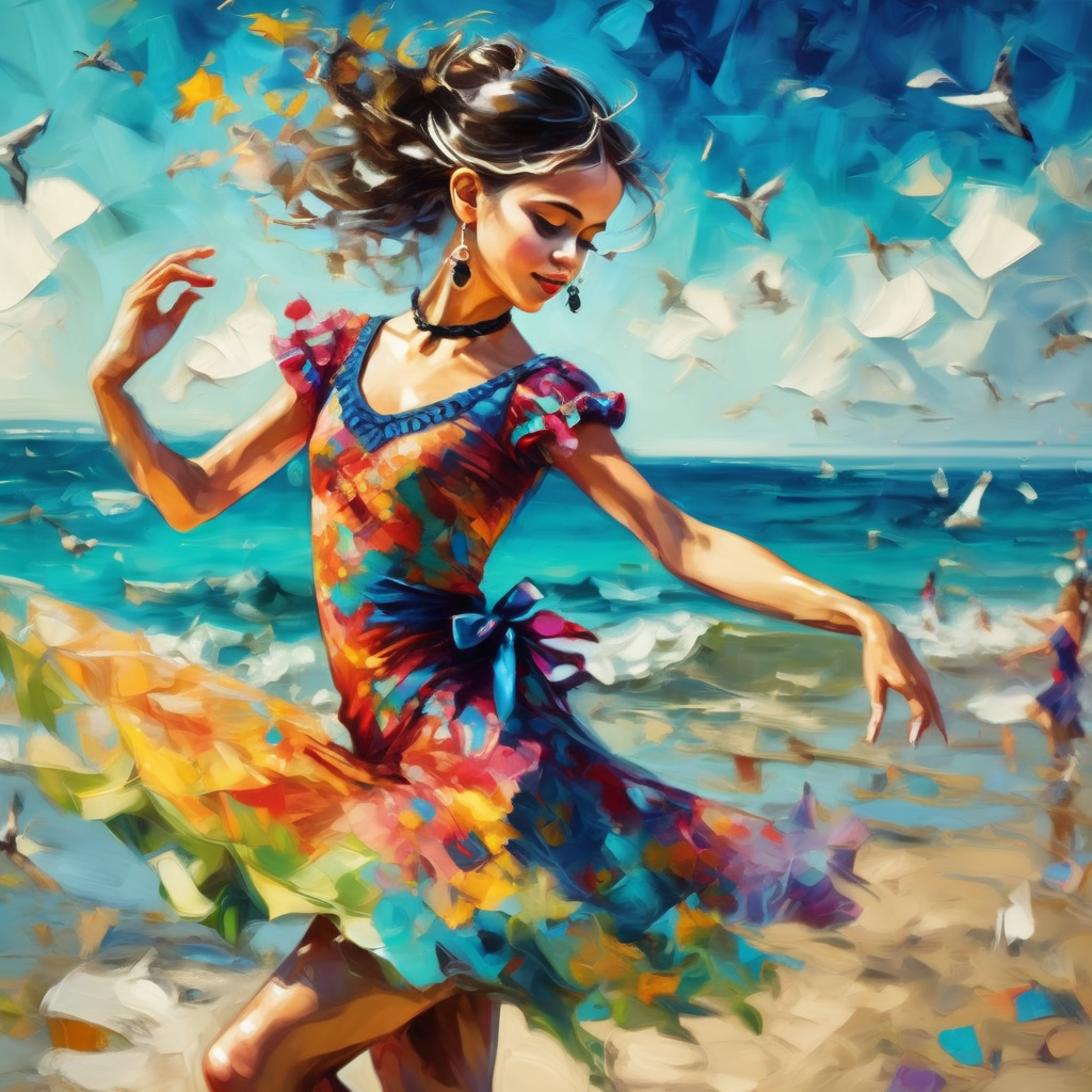 artmix05 close up girl in a colorful dress dancing on the beach, very detailed  <lora:artmix05:1>