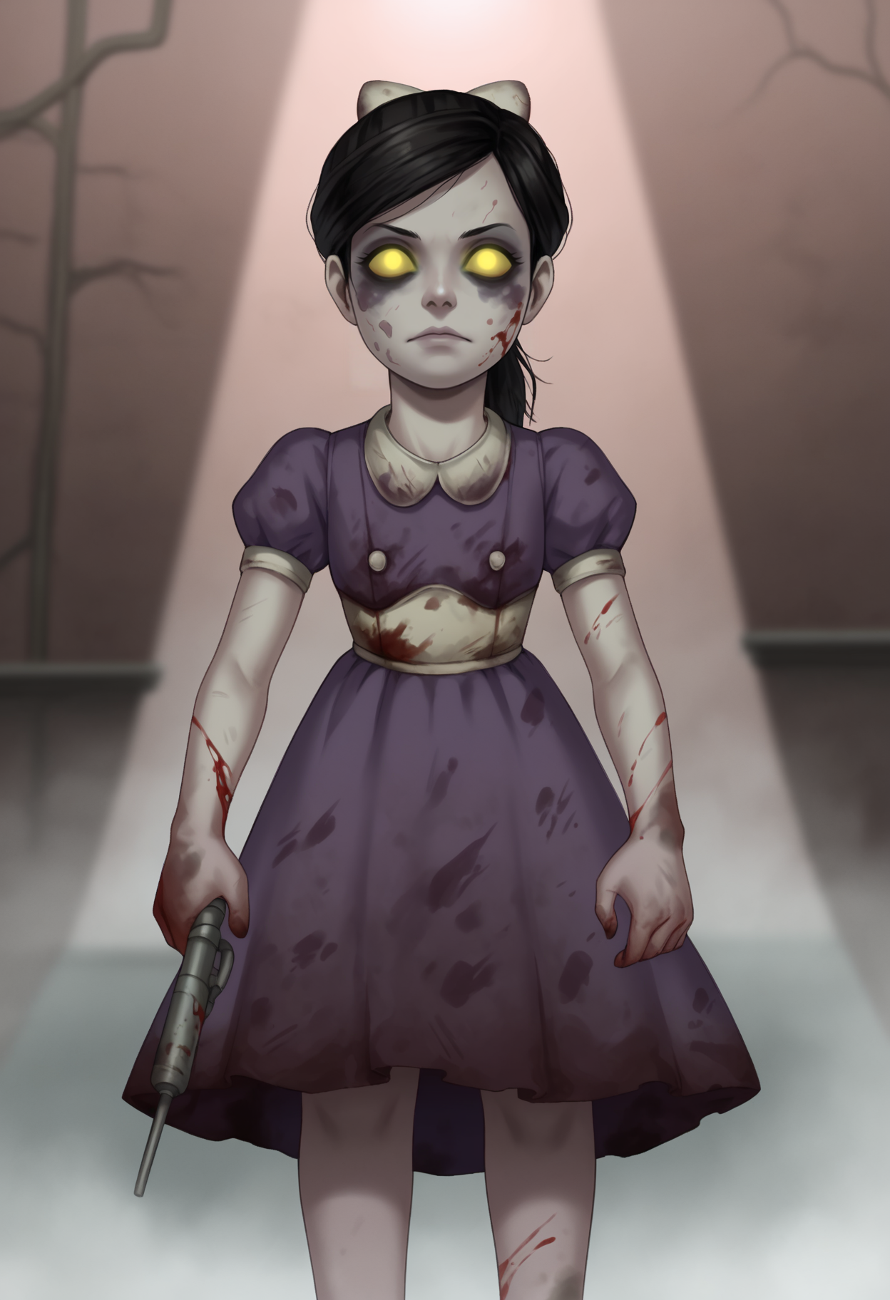 score_9, score_8_up, score_7_up,  BREAK,
1girl, lilsis, black hair, yellow eyes, yellow sclera, glowing eyes,
bow,
dirty, blood, muddy dress, dress,
horror \(theme\), solo, creepy, dirty water, sewer background   <lora:LittleSisterXL_byKonan:1>