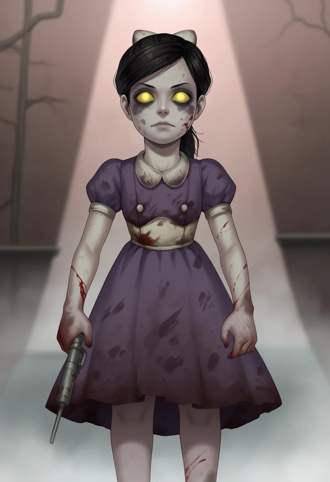 score_9, score_8_up, score_7_up, BREAK,
1girl, lilsis, black hair, yellow eyes, yellow sclera, glowing eyes,
bow,
dirty, blood, muddy dress, dress,
horror \(theme\), solo, creepy, dirty water, sewer background <lora:LittleSisterXL_byKonan:1>