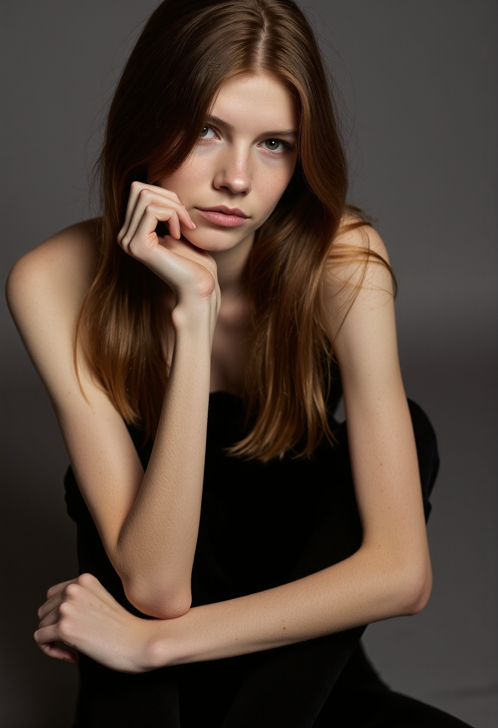 cinematic photo (best quality, masterpiece, colorful, dynamic angle, highest detailed), full body photo, fashion photography of cute 1girl, dark mood, dystopia, glowing, looking at viewer, sitting, long hair, bokeh (intricate details, hyperdetailed:1.15), detailed, moonlight passing through hair, (official art, extreme detailed, highest detailed), HDR+ . 35mm photograph, film, bokeh, professional, 4k, highly detailed, dramatic lighting, dark theme, low key, aidmaHyperrealism   <lora:FLUX - DRKDLF - Styles for FLUX ( dramatic lighting, dark theme, low key ) :1> <lora:FLUX - Extremely Thin and Skinny:0.7> <lora:FLUX - Hyper Realism ( aidmaHyperrealism ):0.6>