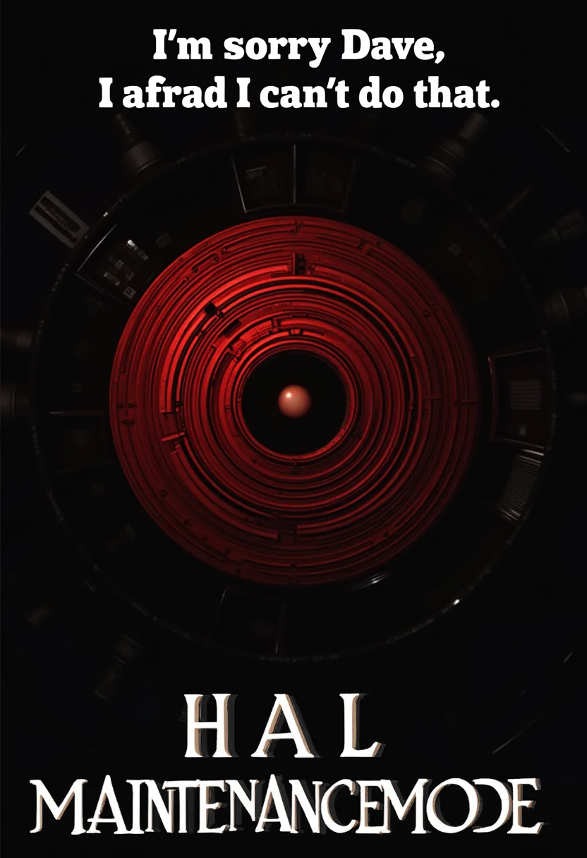 a tag line text at the top center: "I'm sorry Dave I'm afraid I can't do that", detailed picture of the red camera of the HAL 9000 computer from the movie space odyssey, in big white letter below "MAINTENANCE MODE"