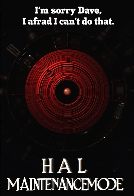 a tag line text at the top center: "I'm sorry Dave I'm afraid I can't do that", detailed picture of the red camera of the HAL 9000 computer from the movie space odyssey, in big white letter below "MAINTENANCE MODE"