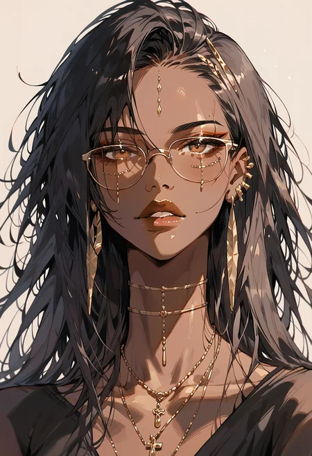 score_9, score_8_up, score_7_up score_9, score_8_up, score_7_up, score_6_up, score_5_up, score_4_up,
<lora:GothGirlAestheticV5-000015:1> g0th,
1girl, jewelry, solo, dark skin, dark-skinned female, glasses, earrings, long hair, necklace, black hair, looking at viewer, brown eyes, parted lips, portrait