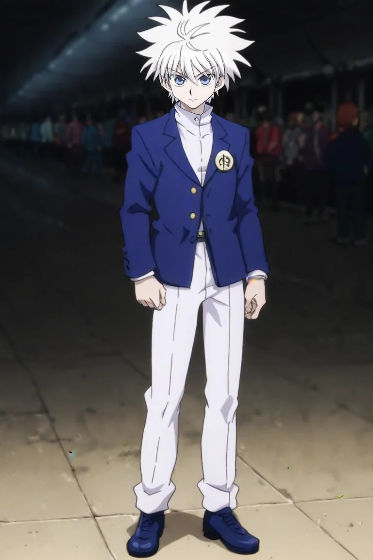 score_9, score_8_up, score_7_up, score_6_up, score_5_up, score_4_up, BREAK source_anime, (best quality:1.1), (masterpiece:1.4), looking at viewer, full body, depth of field, 1boy, solo, male focus, <lora:killua_zoldyck_pony:0.94>, killua_zoldyck, white hair, blue eyes, dress shirt, , atompunk, Arms extended wide, expressing openness, <lora:sdxl_lightning_8step_lora:1>