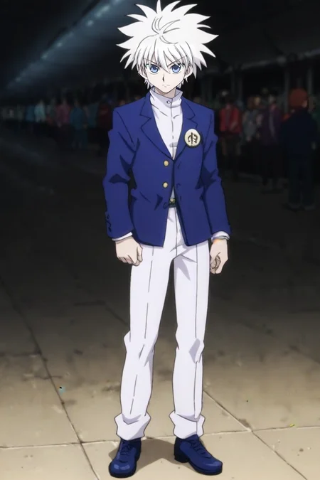 score_9, score_8_up, score_7_up, score_6_up, score_5_up, score_4_up, BREAK source_anime, (best quality:1.1), (masterpiece:1.4), looking at viewer, full body, depth of field, 1boy, solo, male focus, <lora:killua_zoldyck_pony:0.94>, killua_zoldyck, white hair, blue eyes, dress shirt, , atompunk, Arms extended wide, expressing openness, <lora:sdxl_lightning_8step_lora:1>