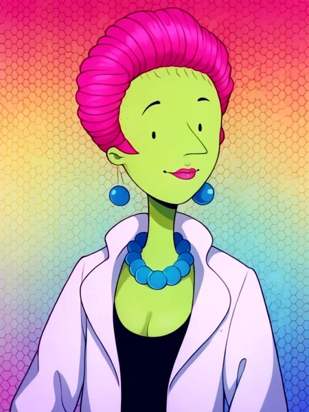 zPDXL3, colorful gradient background, (honeycomb \(pattern\) background:1.3), realistic,
upper body, looking at viewer, faint smile, closed mouth, 1girl,
<lora:msKlotzTV_PDXL:0.95> msklotztv, light green skin, short pink hair, hair slicked back, sidelocks, dot eyes, lipstick, black shirt, white jacket, cleavage, blue jewelry, necklace, earrings,