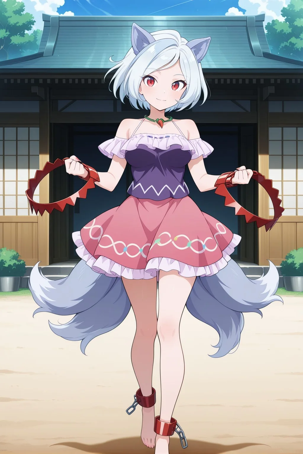 absurdres, highres, masterpiece, best quality, amazing quality, official anime artwork, screencap, anime screencap, outdoors, looking at viewer, light smile, dynamic pose, standing,
<lora:Enoko-Mitsugashira_Illustrious:1> mitsugashira enoko, 1girl, solo, red eyes, white hair, short hair, dog ears, cerberus, multiple tails, long fingernails, medium breasts,, bare shoulders, purple shirt, frills, pink skirt, bear trap, ankle cuffs, barefoot,