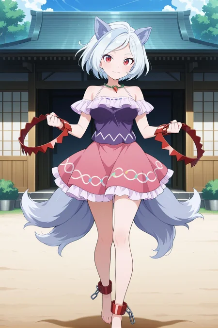 absurdres, highres, masterpiece, best quality, amazing quality, official anime artwork, screencap, anime screencap, outdoors, looking at viewer, light smile, dynamic pose, standing,
 <lora:Enoko-Mitsugashira_Illustrious:1> mitsugashira enoko, 1girl, solo, red eyes, white hair, short hair, dog ears, cerberus, multiple tails, long fingernails, medium breasts,, bare shoulders, purple shirt, frills, pink skirt, bear trap, ankle cuffs, barefoot,