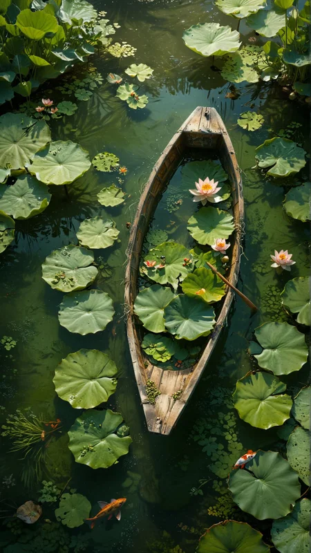Tatsuro, top view, a small wooden boat floating in the pond, with lotus leaves and a few small fish swimming in the pond. A little boy is lying on the small wooden boat, with their back to us, It has a fresh and peaceful atmosphere, Graphic illustration
award winning artwork,
many details, extreme detailed, full of details,
Wide range of colors., Dramatic,Dynamic,Cinematic,Sharp details
Insane quality. Insane resolution. Insane details. Masterpiece. 32k resolution.
<lora:add-detail-xl:0.65> <lora:casting shadow style v2:0.1> casting shadow style, cucoloris patterned illumination <lora:CinematicStyle_v1:0.1> <lora:Disturbia:0.15> <lora:dvr-lnds-sdxl:0.1> dvr-lnds-sdxl <lora:MJ52:0.2> <lora:princess_xl_v2:0.1> <lora:ral-dissolve:0.1> ral-dissolve <lora:ral-ertmsphr:0.1> ral-ertmsphr <lora:ral-porcelain:0.3> ral-porcelain <lora:ral-pxlprtcl:0.31> ral-pxlprtcl <lora:xl_more_art-full_v1:0.5>