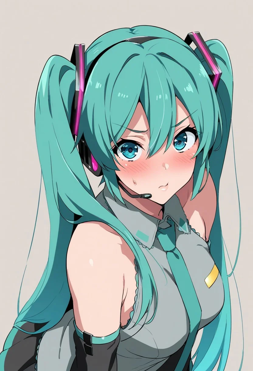 1girl,aqua_eyes,aqua_hair,aqua_nails,aqua_necktie,black_sleeves,blue_eyes,blush,detached_sleeves,grey_shirt,hair_ornament,hatsune_miku,headphones,headset,highres,long_hair,looking_at_viewer,necktie,shirt,simple_background,skirt,solo,twintails,very_long_hair, masterpiece,best quality,good quality,newest,absurdres,